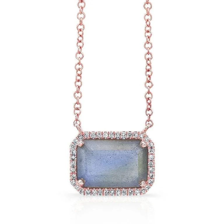 women's statement gemstone necklaces-14K Rose Gold Rectangle Labradorite Diamond Necklace