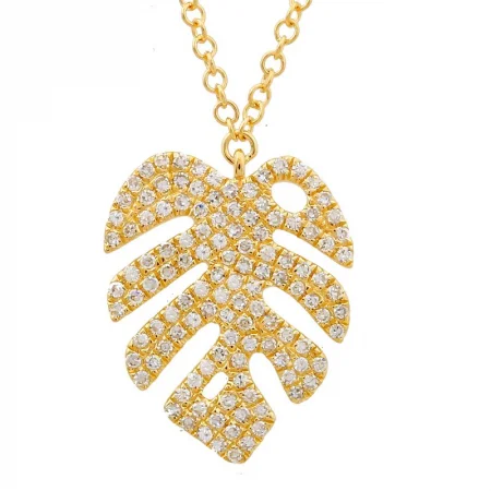 women's double-layer necklaces-14k Yellow Gold Monstera Leaf Diamond Necklace