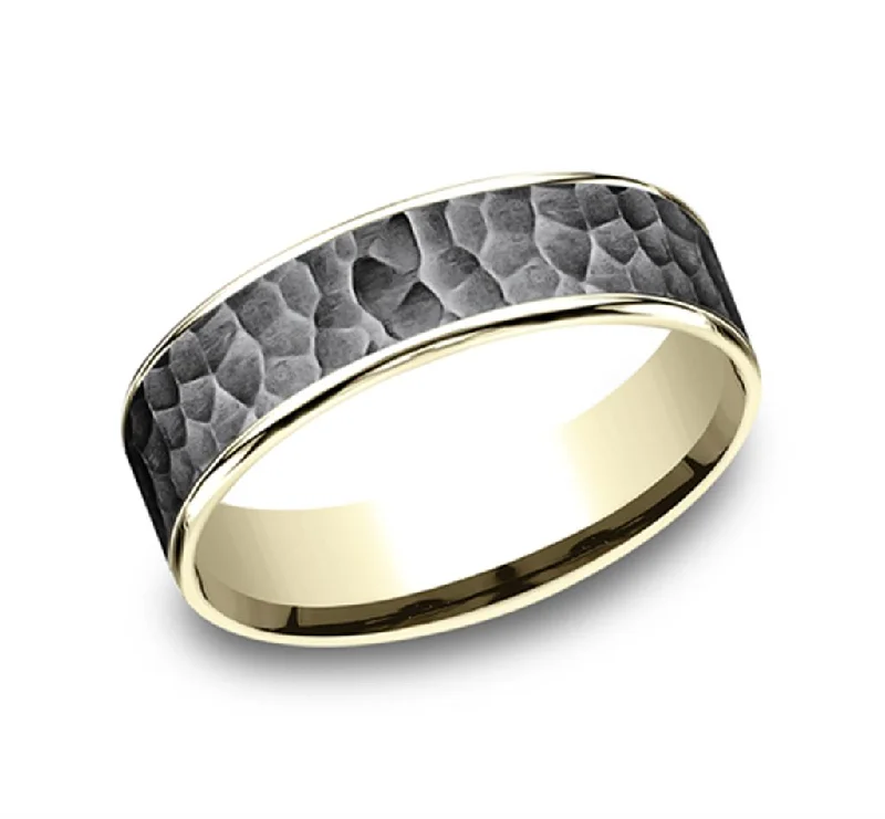 women's colored gemstone engagement rings-Darkened Tantalum And 14K Yellow Gold ‘The Max’ Hammered 6.5mm Wedding Band