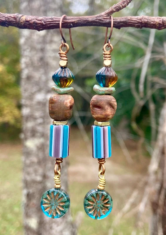 women's double hoop earrings-Turquoise and Brown Chevron Bead Earrings