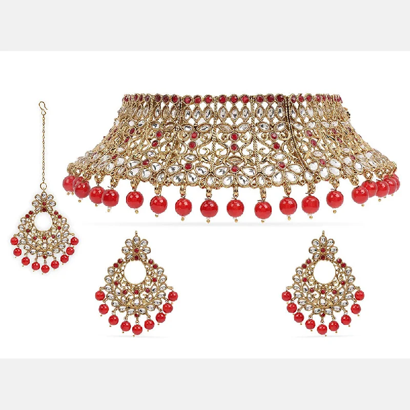 women's moon earrings-Etnico 18K Gold Plated Traditional Choker With Earrings & Maang Tikka Encased With Kundan (M4160M)