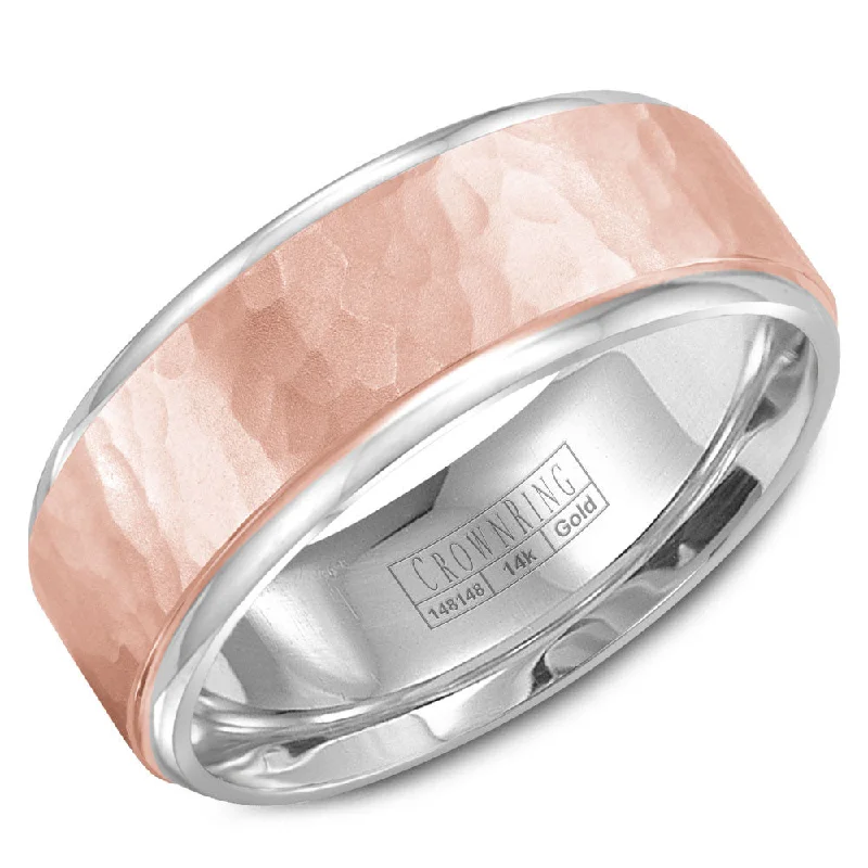 women's personalized engagement rings-CrownRing 8MM White Gold Wedding Band with Rose Gold Hammered Center WB-9300RW