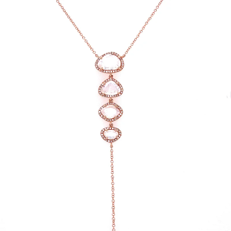 women's geometric necklaces-14K Rose Gold Diamond + Rainbow Moonstone Lariat Necklace