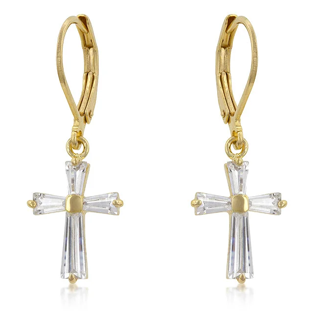 women's flower stud earrings-Perry CZ Cross Gold Drop Earrings | 1.5ct