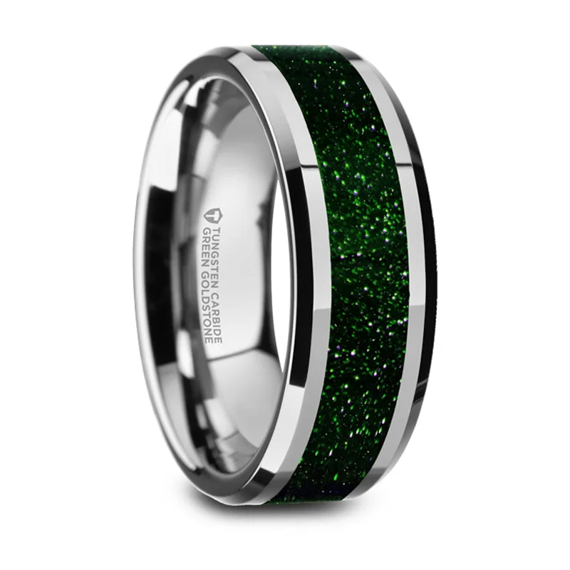 women's elegant sapphire engagement rings-Thorsten Patrick Polished Finish Beveled Edges Tungsten Wedding Band w/ Green Goldstone Inlay (8mm) W5990-WTGGS