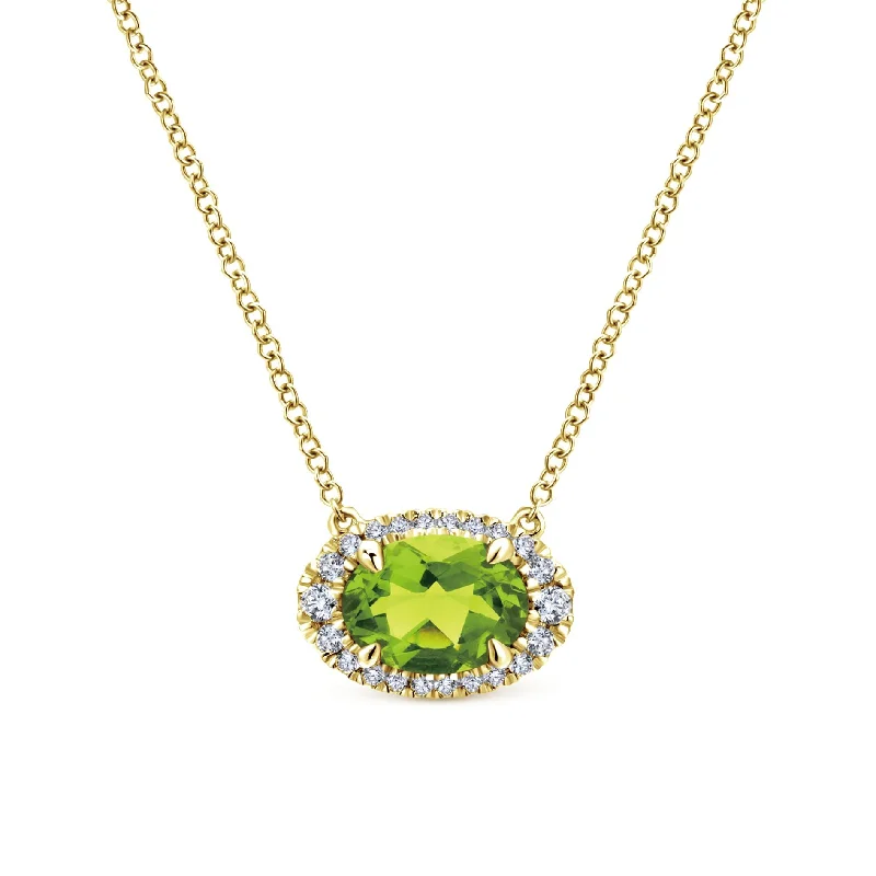 women's diamond pendant necklaces-14K Yellow Gold Diamond Oval Halo + Peridot Necklace