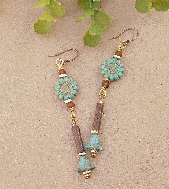 women's pearl stud earrings-Turquoise Sunflower and Tulip Dangling Earrings