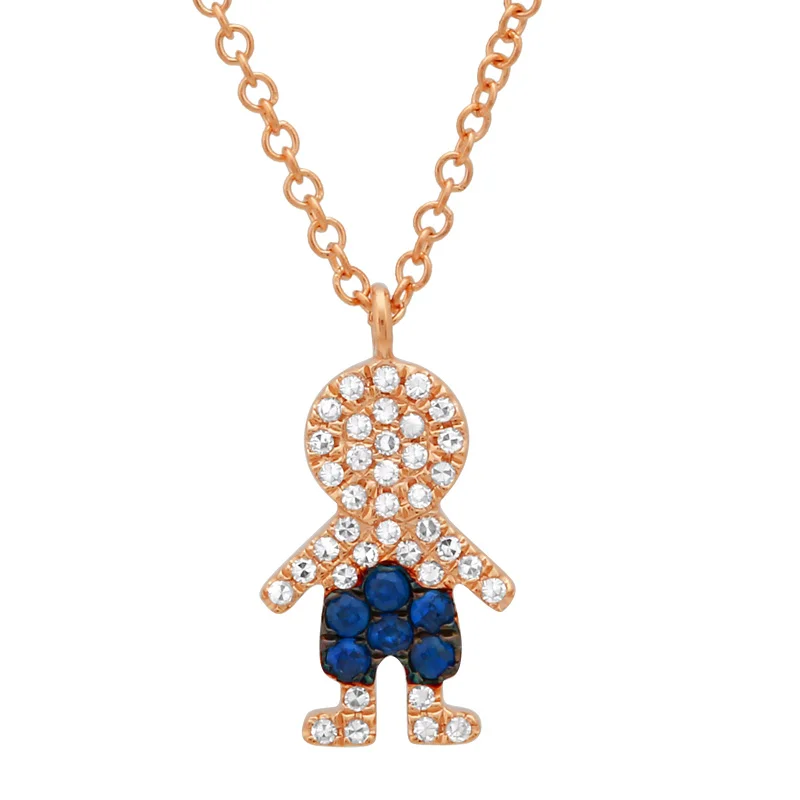 women's antique diamond necklaces-14K Rose Gold Diamond and Blue Sapphire Boy Necklace