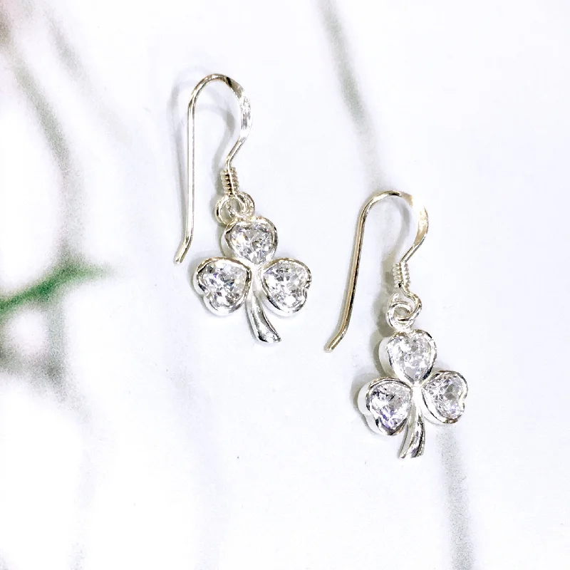 women's mixed metal earrings-Sterling Silver White Zirconia Shamrock Earrings