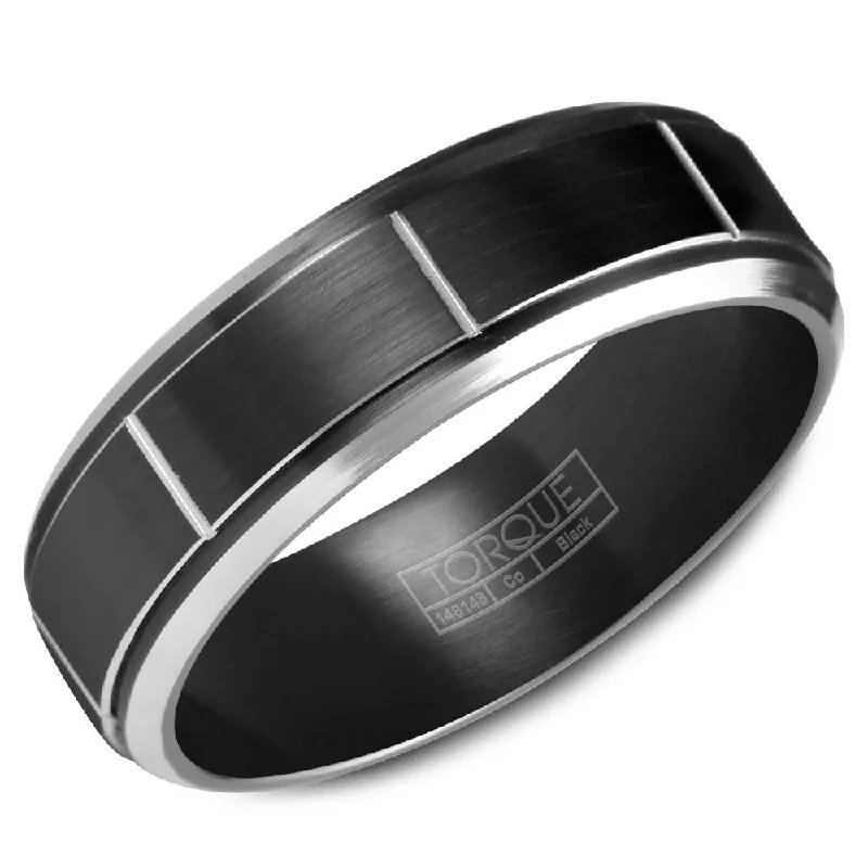 women's vintage engagement rings-Torque Black Cobalt Collection 7MM Wedding Band with White Line Detailing CBB-7035