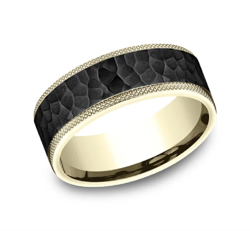 women's gold engagement rings-Black Titanium And 14K Yellow Gold ‘The Griffin’ Hammered Finish 8mm Wedding Band