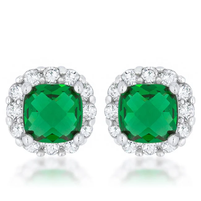 women's colorful earrings-Liz Emerald Cushion Halo Stud Earrings | 2ct