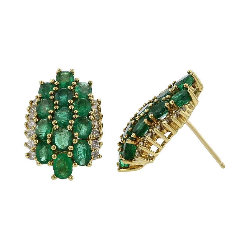 women's diamond stud earrings-18K Yellow Gold Emerald and Diamond 3 Row Earrings