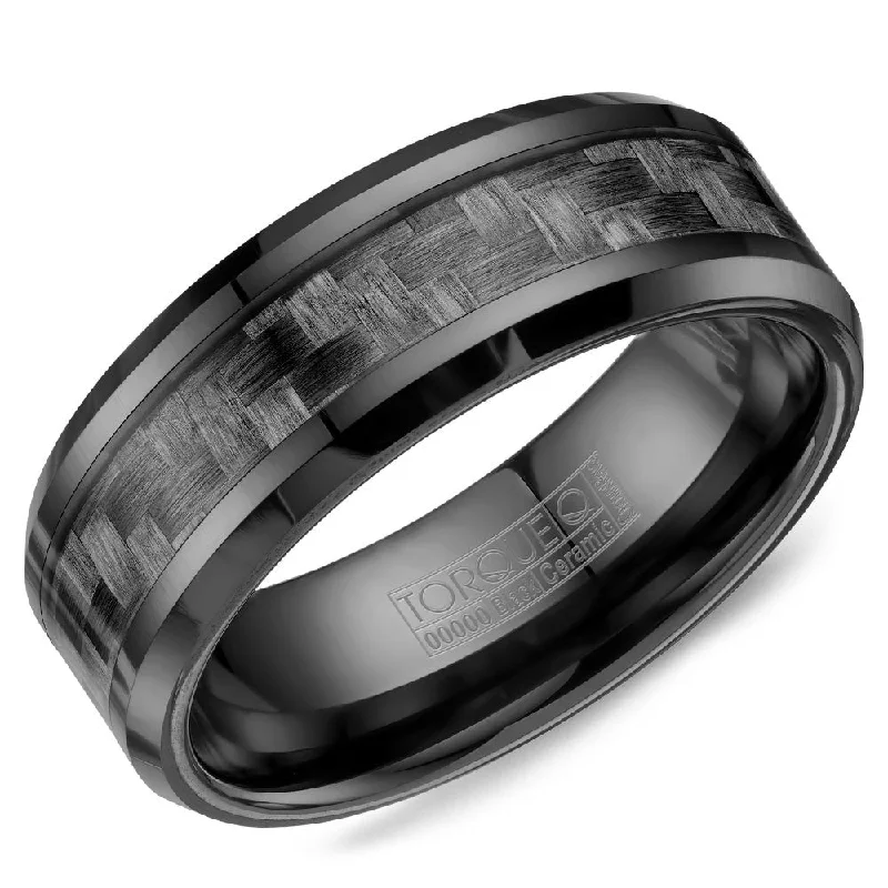 women's double halo engagement rings-Torque Black Ceramic Collection 8MM Wedding Band with Carbon Fiber BCE-0001