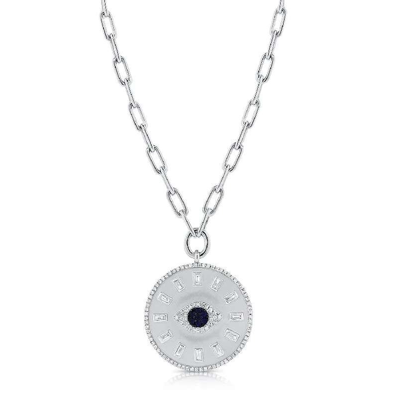 women's celestial necklaces-14K White Gold Diamond + Sapphire Evil Eye Coin Necklace