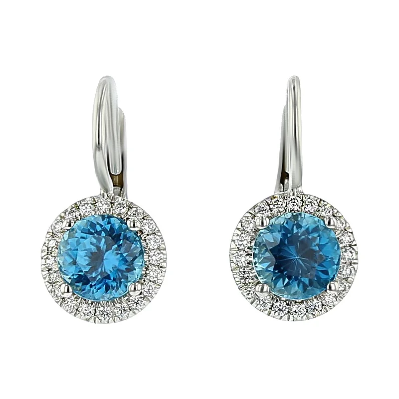 women's diamond and pearl earrings-Blue Zircon and Diamond Halo Drop Earrings