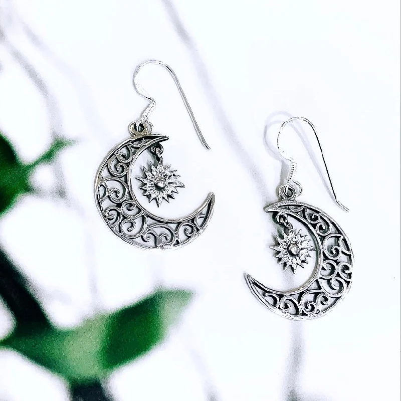 women's crystal earrings-Sterling Silver Sun & Moon Earrings