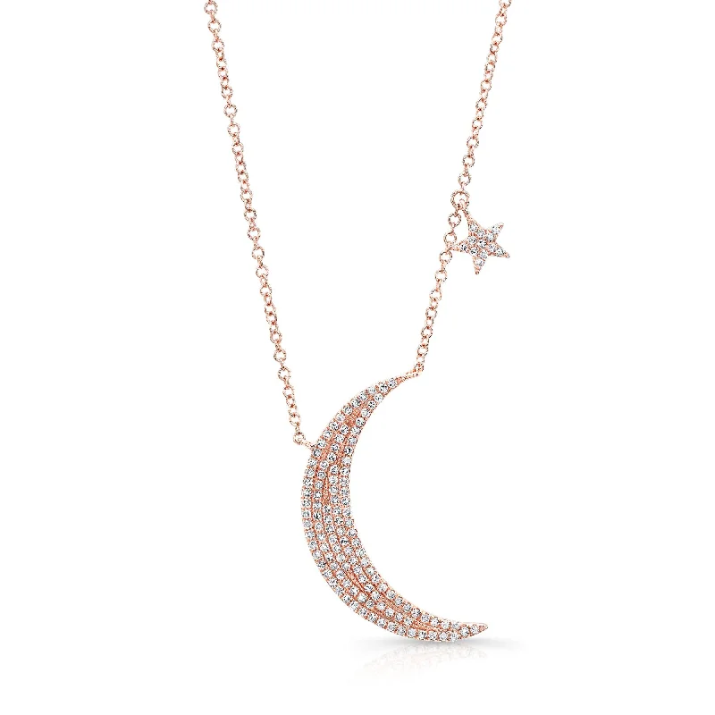 women's butterfly pendant necklaces-14K Rose Gold Diamond Moon & Star Necklace