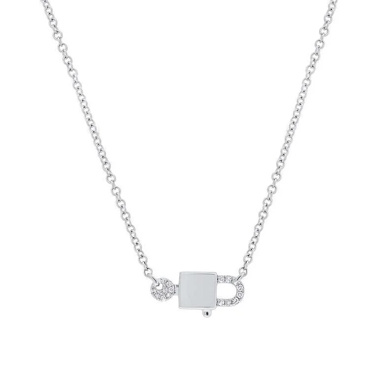 women's boho chic necklaces-14K White Gold Diamond Lock & Key Necklace