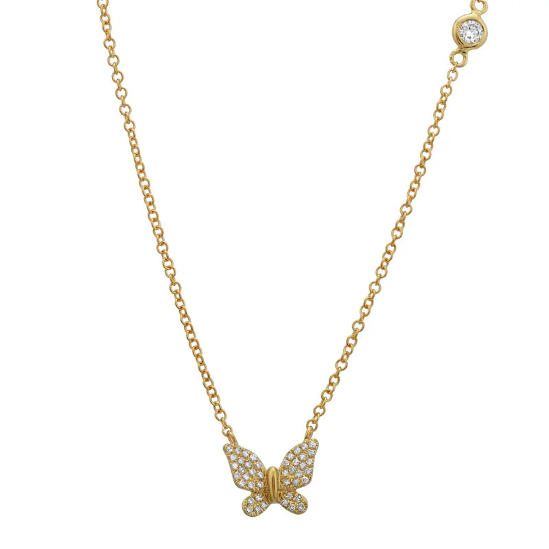 women's solitaire necklaces-14K Yellow Gold Butterfly Necklace with Diamond Bezel Chain