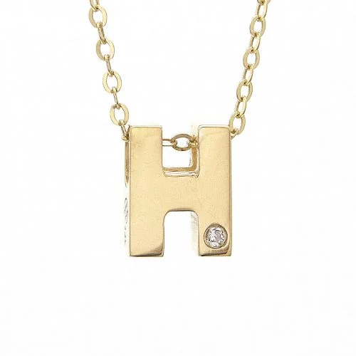 women's boho necklaces-14K Yellow Gold Initial "H" With Diamond Necklace