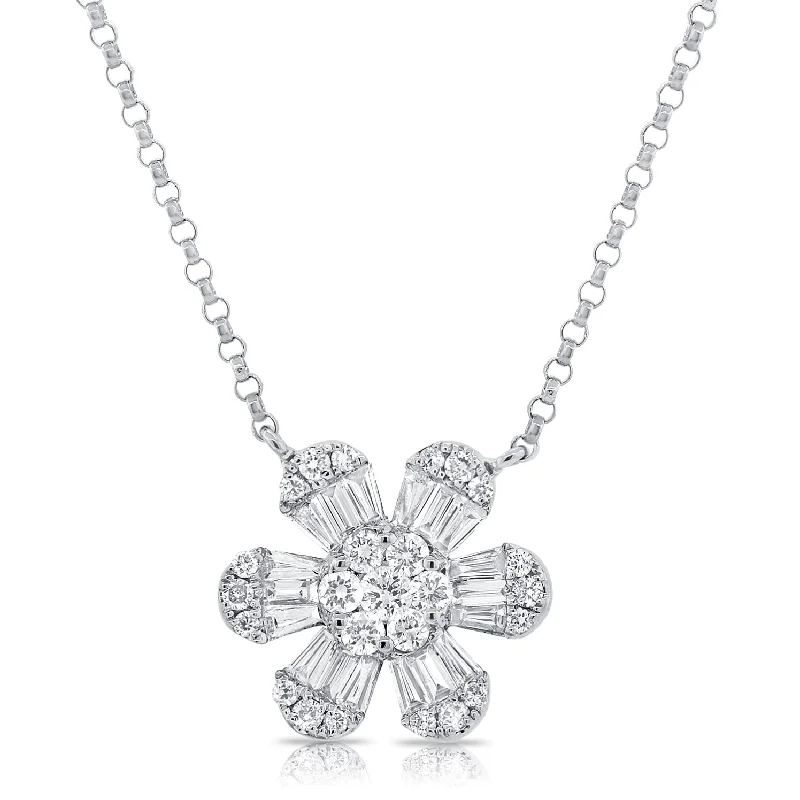 women's lucky charm necklaces-14K White Gold Baguette Diamond Medium Flower Necklace