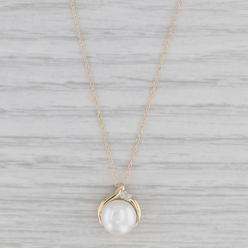 women's heart-shaped necklaces-Cultured Button Pearl Diamond Pendant Necklace 10k Yellow Gold 18" Rope Chain