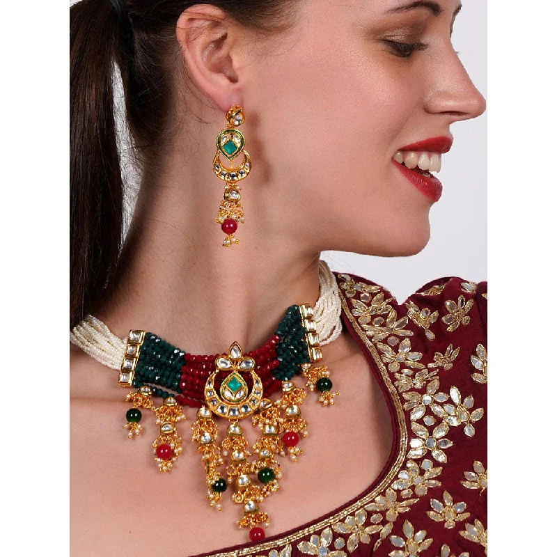 women's chandelier diamond earrings-Odette Elegant red-green crystal, pearl, & kundan choker with earrings!