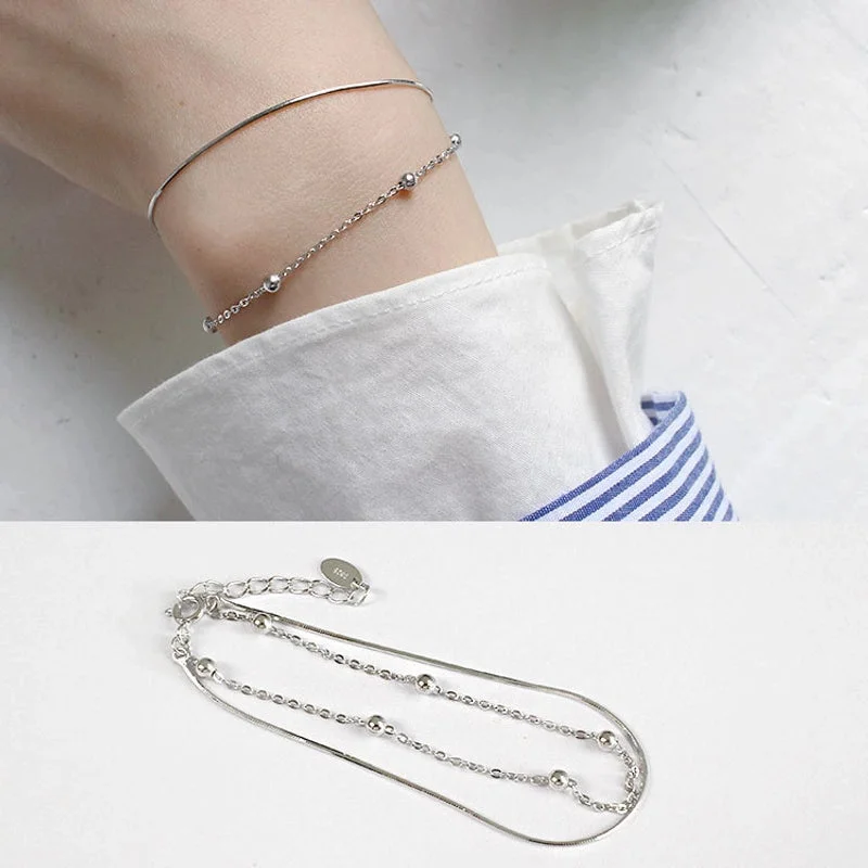 women's oval bangles-Korean Version Of S925 Sterling Silver Personality Minimalist Beaded Snake Bone Chain Double Layer Bracelet