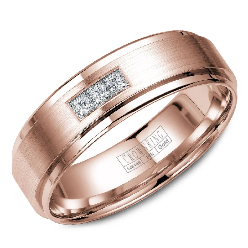 women's square diamond engagement rings-CrownRing 6MM Rose Gold Wedding Band with 3 Round Diamonds and Brushed Center WB-7973