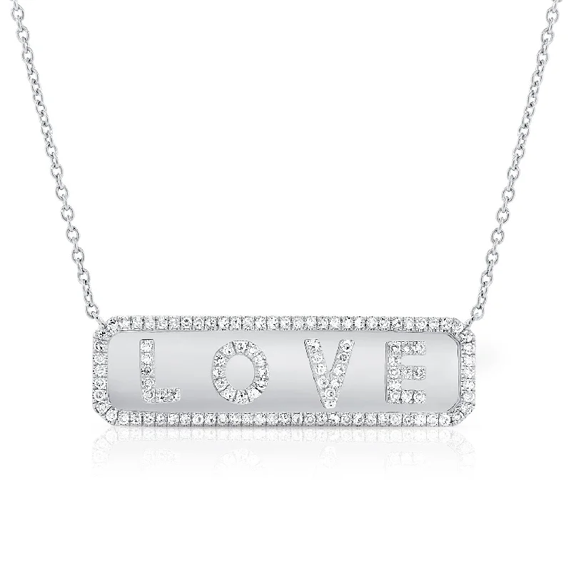 women's butterfly pendant necklaces-14K White Gold Diamond "Love" Plate Necklace