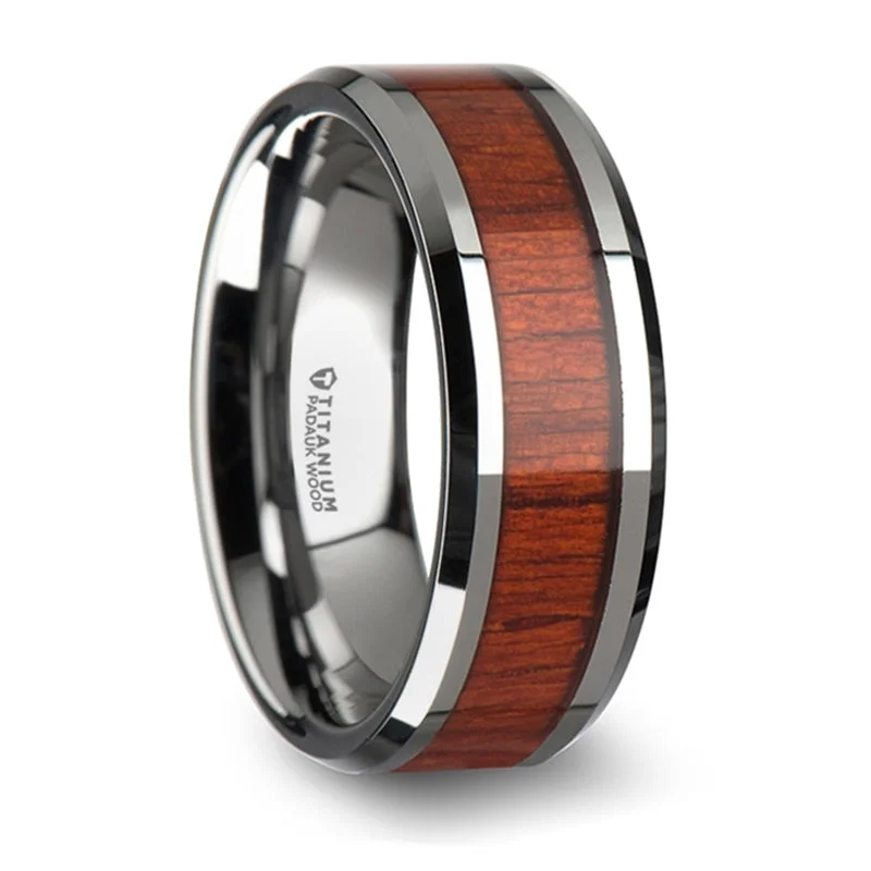 women's floral diamond engagement rings-Thorsten Norro Titanium Polished Beveled Edges Padauk Wood Inlaid Wedding Band (8mm) T6001-TBPW