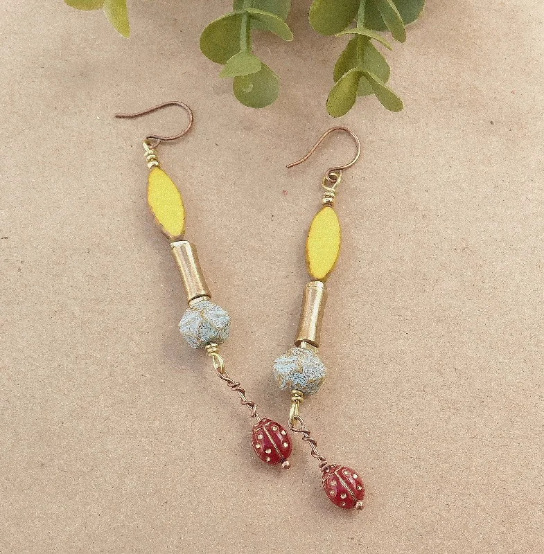 women's gold diamond earrings-Yellow Czech and Ladybug Charm Dangling Earrings