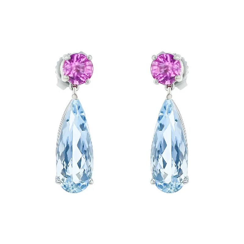 women's engraved earrings-Aquamarine and Pink Sapphire Drop Earrings