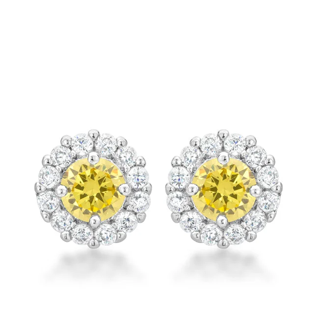 women's Swarovski earrings-Belle Canary Yellow Halo Stud Earrings | 2ct