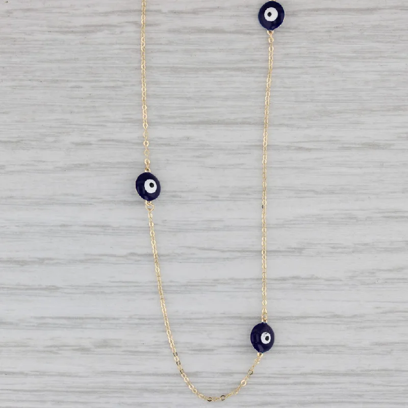 women's long necklaces-Round Glass Station Necklace 14k Yellow Gold Cable Chain Eye Pattern 18"