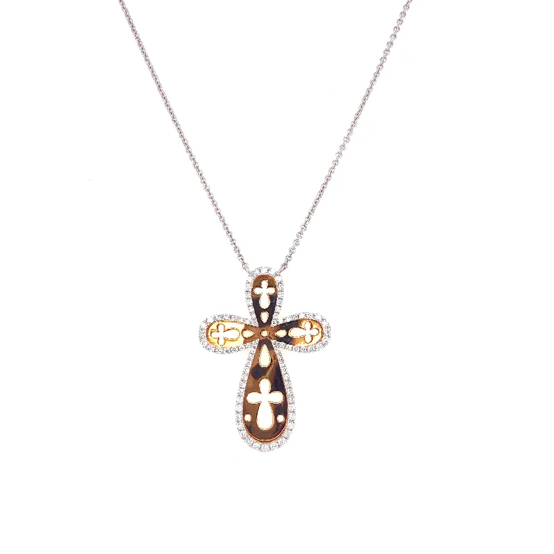 women's gemstone necklaces-18K White & Rose Diamond Cross Cutout Necklace