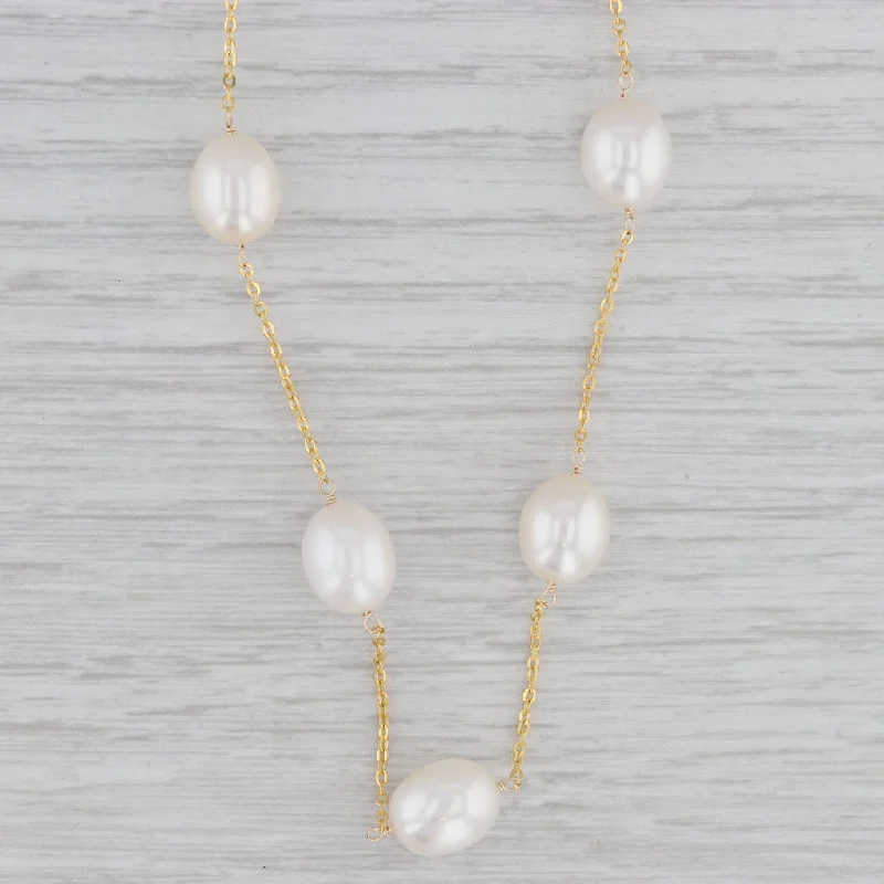 women's wedding necklaces-Cultured Pearl Station Necklace 14k Yellow Gold 17" Cable Chain