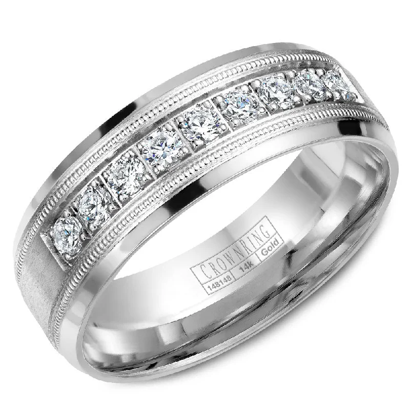 women's platinum solitaire diamond engagement rings-CrownRing 6.5MM Wedding Band with 9 Diamonds and Milgrain Detailing WB-9346