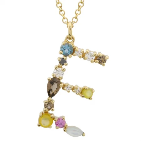 women's birthstone necklaces-14K Yellow Gold Multi Color Stones Initial "E" Necklace