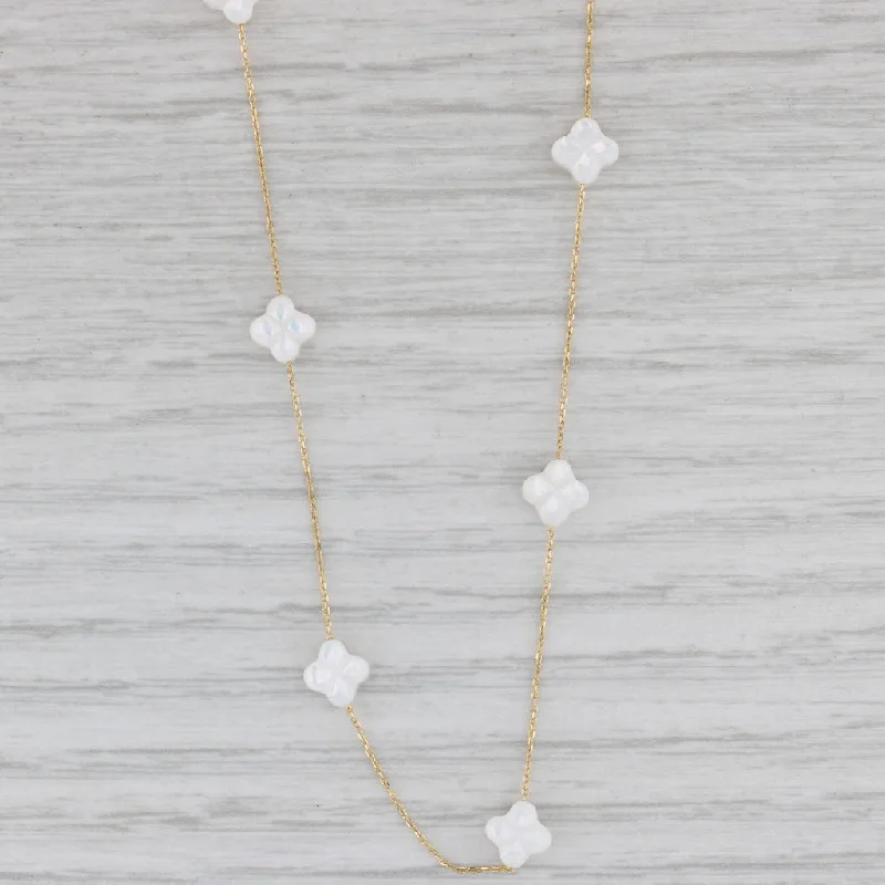 women's adjustable necklaces-Mother of Pearl Quatrefoil Clover Flower Stations Necklace 18" 14k Yellow Gold