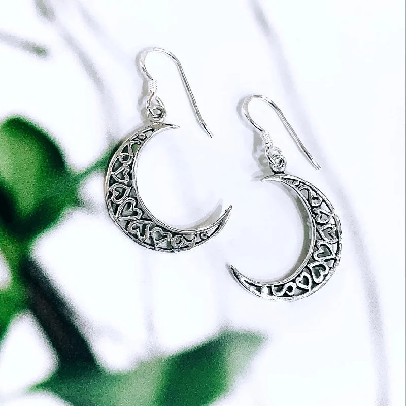 women's elegant earrings-Sterling Silver Moon Earrings with Hearts