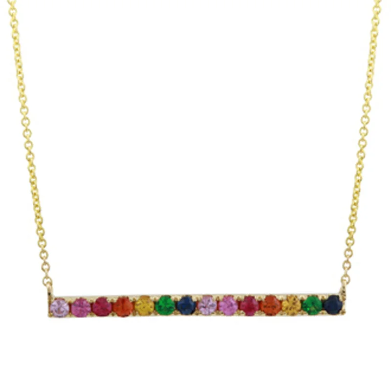 women's heart-shaped necklaces-14K Yellow Gold Multi-Sapphire Rainbow Bar Necklace