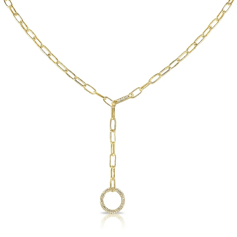 women's tribal necklaces-14K Yellow Gold Diamond Pave Circle "Y" Necklace