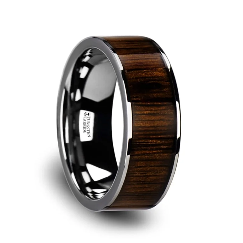 women's diamond band engagement rings-Thorsten Bokken Flat Tungsten Wedding Band w/ Black Walnut Wood Inlay & Polished Edges (6-10mm) W3755-TCBW