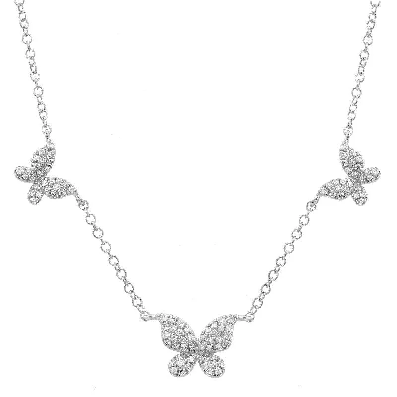 women's engraved necklaces-14K White Gold Triple Butterfly Diamond Necklace