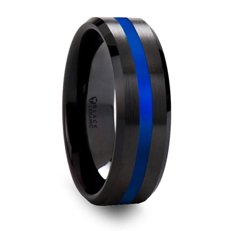 women's alternative engagement rings-Thorsten Declan Beveled Black Ceramic Brushed Finish Wedding Band w/ Polished Blue Stripe (8mm) W5992-BCBS