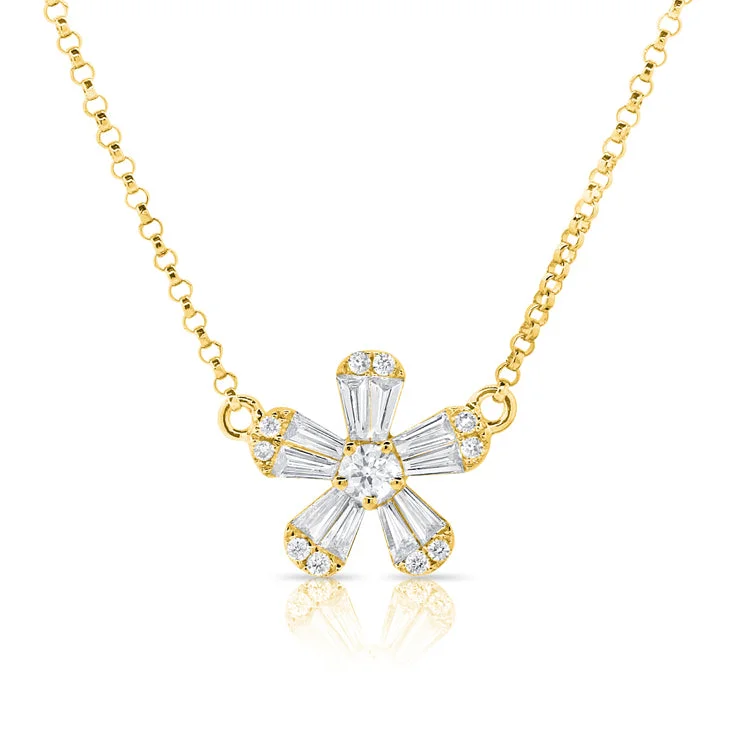 women's fashion necklaces-14K Yellow Gold Baguette Diamond Small Flower Necklace