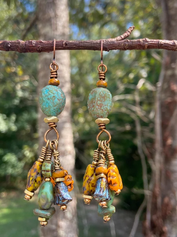 women's fashion earrings-Turquoise Czech Autumn Dangling Earrings