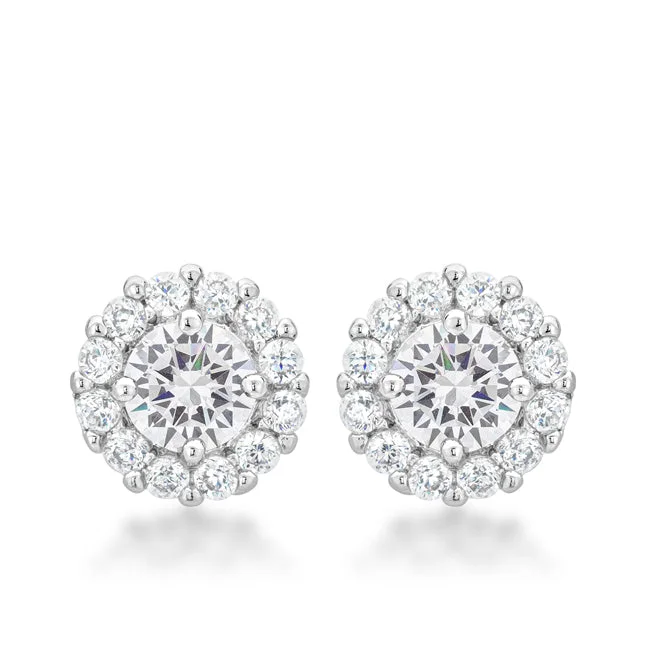 women's silver diamond earrings-Belle Clear Round Halo Stud Earrings | 2ct